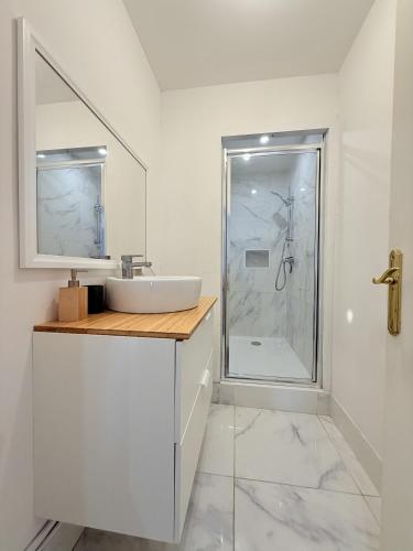 une salle de bain avec un lavabo et une douche dans l'établissement Charmant T3 - 2 Min de la Gare & du centre, à Lorient