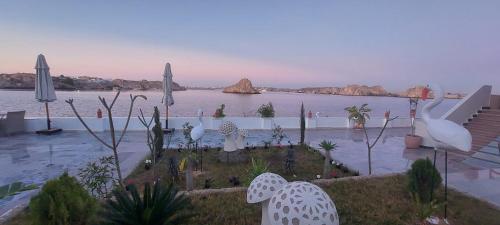 a garden with swans and plants in front of a body of water at Aro Kato Nubian Guest House in Aswan