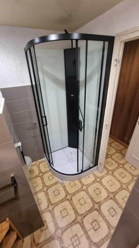 une douche avec une porte vitrée dans une salle de bain dans l'établissement Studio Hélios, à Huez