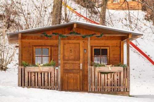 a smallshed with two windows and a door in the snow at Raddörfl in Teufenbach