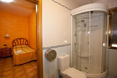 a bathroom with a shower and a toilet in a room at Hostal Castilla in Mocejón