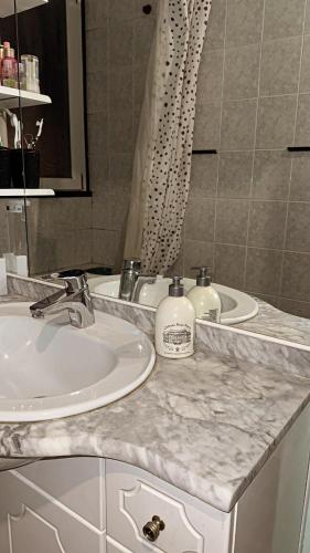 - une salle de bains avec 2 lavabos et 2 bouteilles de savon sur un comptoir dans l'établissement Cosy nest, à Aubergenville