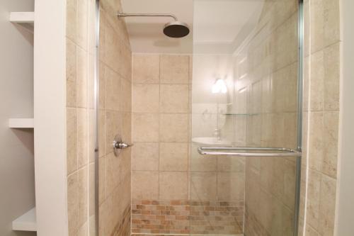 a shower with a glass door and a sink at The Aurora Inn & Cottages in Bartlett