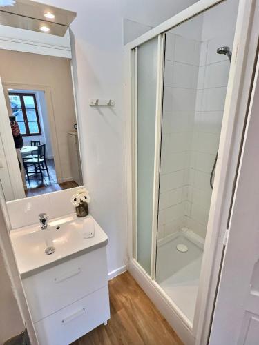 une salle de bain avec douche et lavabo dans l'établissement Wonderhost, Central Avenue en coeur de ville, à Pau