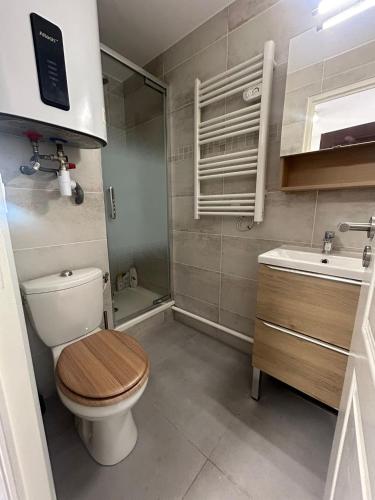 une petite salle de bain avec toilettes et lavabo dans l'établissement Studio Cabine 4 personnes Cap d'Adge, au Cap d'Agde