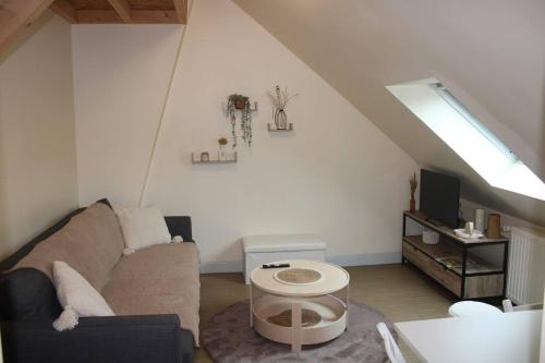 una sala de estar con un sofá y una mesa en Le Saint-Georges - 2 à 4 pers - Ideal CNPE CHINON, en Chinon