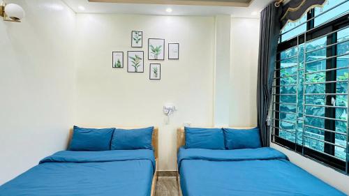 two blue beds in a room with a window at ToTo-Chan Hotel in Dồng Văn