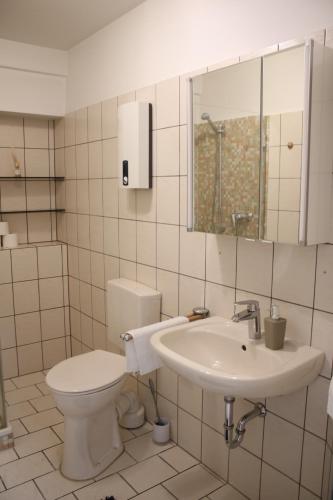 een witte badkamer met een toilet en een wastafel bij Apartment auf Schalke in Gelsenkirchen