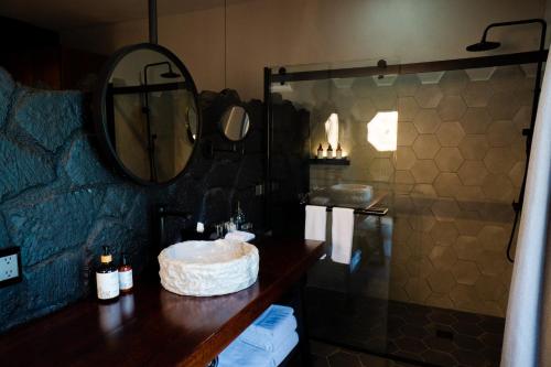 a bathroom with a sink and a mirror and a shower at Hotel Piedras Neg in San Miguel de Allende
