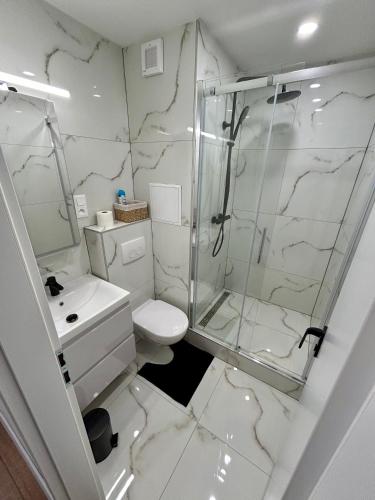 a white bathroom with a shower and a toilet at Apartmánový byt Bakossova in Banská Bystrica