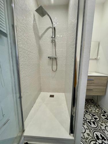 une douche avec une porte vitrée dans une salle de bain dans l'établissement CAPITOLE - Appartement T2 au cœur de la ville rose, à Toulouse
