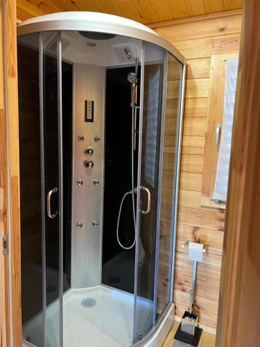 a shower with a glass door in a room at Quinta do Pinheiro in Ourém