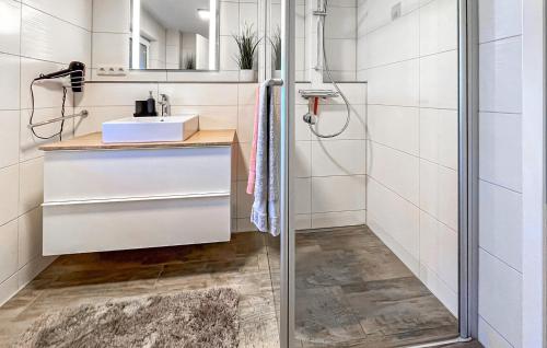 a bathroom with a shower and a sink at Ferienhaus Buddenhagen in Buddenhagen