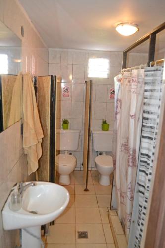 a bathroom with two toilets and a sink at Hostel Bar Valle de Potrerillos in Potrerillos