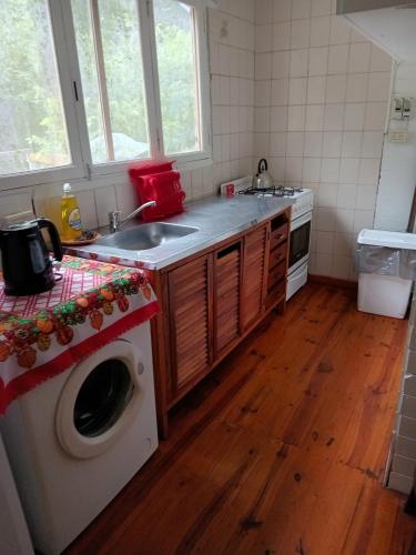 a kitchen with a sink and a washing machine at Cabaña SOPHIA in Tigre