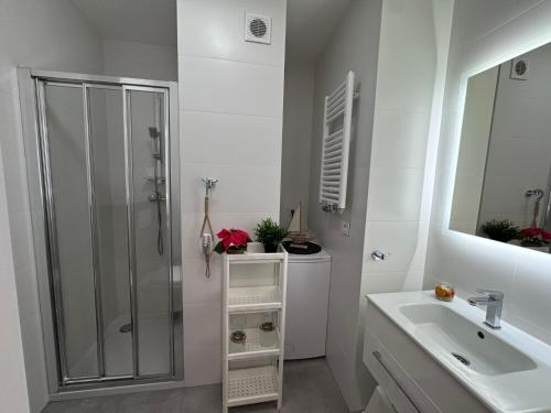 een witte badkamer met douche en wastafel bij Rewal Cliff Morska 2 in Rewal