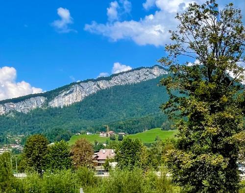 a view of a mountain with a house and trees at Sepperls Stubn Apartment - PETS no extra cost - Bad Goisern - 24-hours Self check-in in Bad Goisern