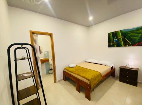 a bedroom with a bed and a mirror and a ladder at Coffee House Minca in Minca