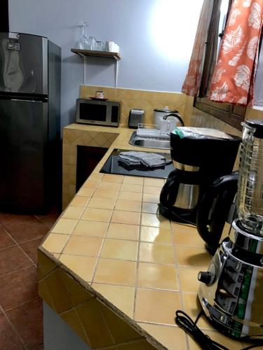 a kitchen with a counter with a stove top oven at Villas Verdes in Sámara