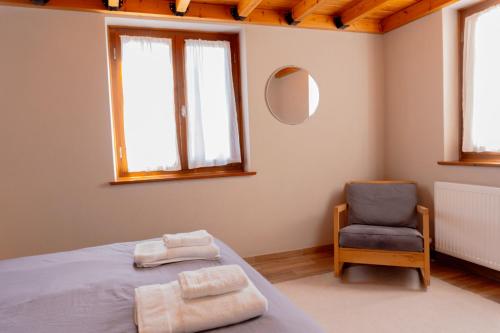 a bedroom with a bed and a chair and a mirror at Alina's House in Arachova