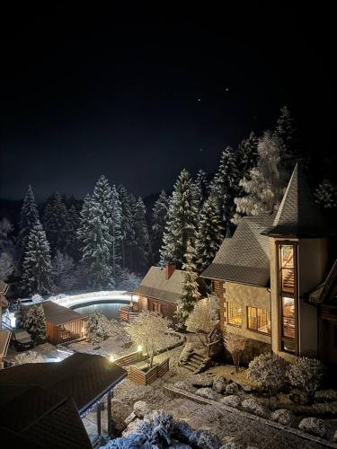 a house with a pool in the snow at night at Complex Hyzhky in Yaremche