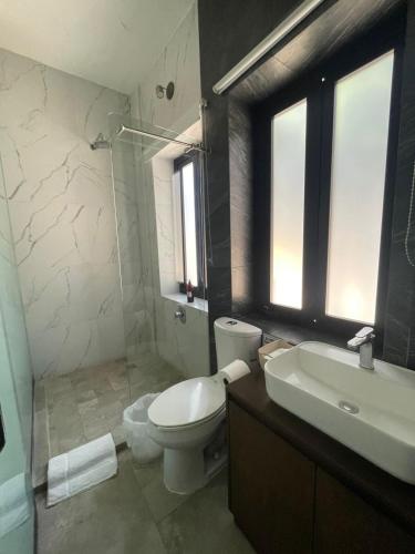a bathroom with a toilet and a sink and a shower at La Casa Mia Leon in León