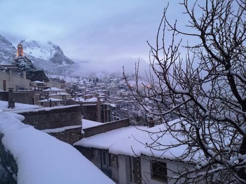 a city covered in snow with mountains in the background at Alina's House in Arachova