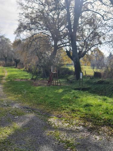 a field with a tree and a table in the grass at Maison de village Estalane in Castelnau-Pégayrols