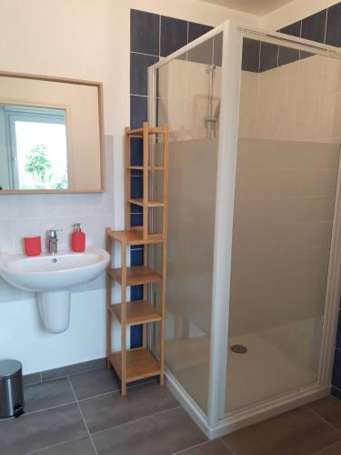 une salle de bain avec douche et lavabo dans l'établissement Villa avec Sauna & billard 6pers, à Blainville-sur-Mer