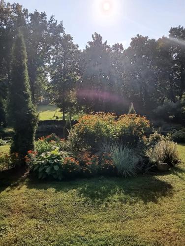 a garden with flowers and trees in the background at LejasVāgneris in Tukums