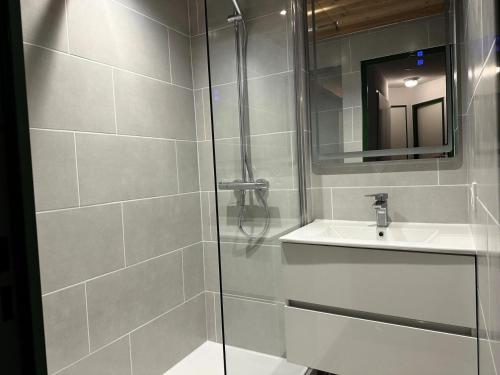 une salle de bain avec douche et lavabo dans l'établissement Résidence Le De 3 - Appartement avec vue sur le Mont-Blanc MAE-4804, à La Plagne Tarentaise