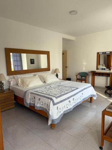 a bedroom with a large bed and a mirror at Pousada Praia Maria in Praia