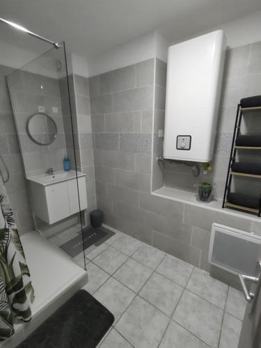 une salle de bain avec une douche avec un lavabo et un miroir dans l'établissement Maison Plume, à Nîmes