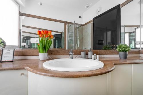 a bathroom with a sink and a large mirror at ElleBnb Busto city - MXP - Rho fiera con Wifi e Netflix in Busto Arsizio