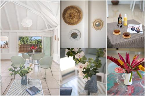a collage of pictures of a dining room with flowers at Villa spacieuse à Hyacinthe, Le Robert avec piscine privée in Le Robert