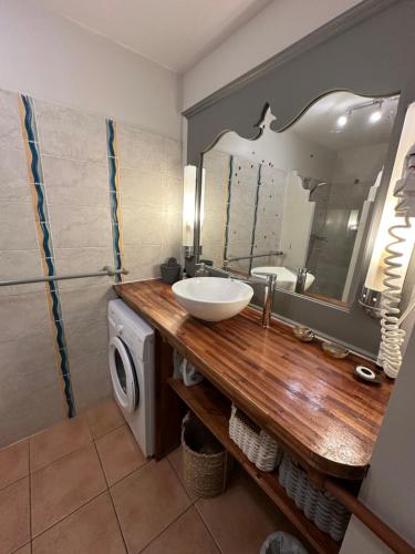 Un baño con lavabo, espejo y lavadora. en Bois Lélé, en Sainte-Anne