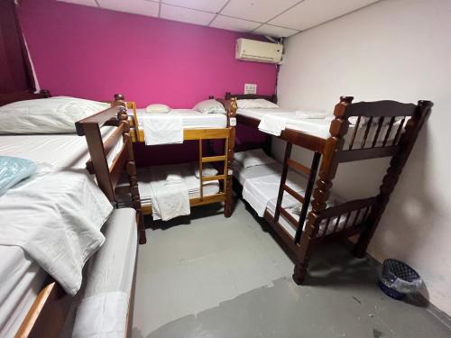 a room with three bunk beds and a purple wall at COACHHOSTEL7 in Sao Paulo