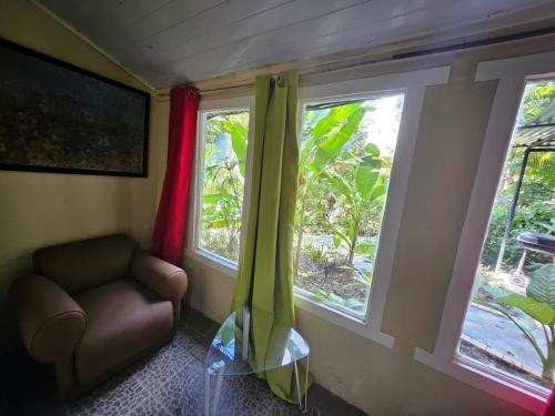 a living room with a couch and two windows at CHEZ NOUS in Carrillo