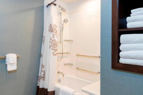 a bathroom with a shower and a bath tub at Residence Inn by Marriott Green Bay Downtown in Green Bay