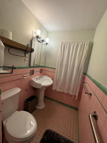 a bathroom with a white toilet and a sink at Charming Cape Cod Bungalow at Niagara Falls, NY! in Niagara Falls