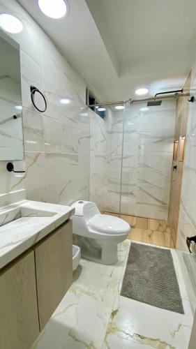 a bathroom with a toilet and a sink and a shower at Apartamento Mirador la Estancia in Melgar