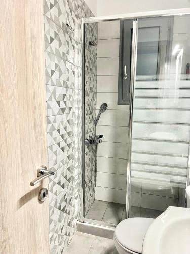 a bathroom with a shower and a toilet at BlueLine apartment 3 in Loutraki
