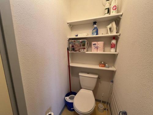 Elle comprend une petite salle de bains pourvue de toilettes et d'étagères. dans l'établissement Charmant appartement avec 2 chambres à Cauterets - FR-1-812-127, à Cauterets