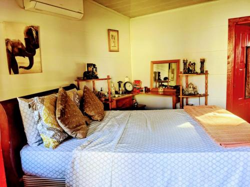 ein Schlafzimmer mit einem Bett mit Kissen darauf in der Unterkunft Garden Cottage in San Ignacio