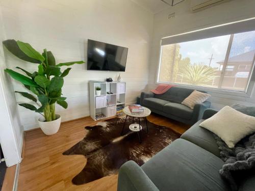 a living room with a couch and a tv at The Sweet Grapevine Cottage in Cessnock