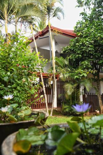 a house with a garden with palm trees and plants at Bliss Inn in Udawalawe