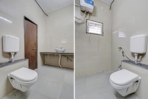 two pictures of a bathroom with a toilet and a sink at Super HOTEL O MIDWAY TREAT DHAR in Dhār