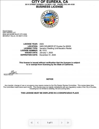 a screenshot of the city of columbiaaa business license at Private Home - #RedwoodSkyWalkRetreat - 5BD, Pro Pool Table, BBQ, Foosball, Darts, Fireplace, Movie Projector, Stereo, Cotton Bedding in Eureka