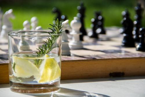 a glass of water with a lemon and arig of rosemary at Lycasti Maisonettes in Tavronitis