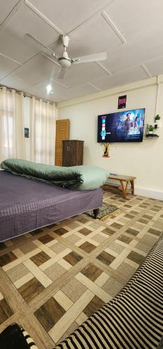 a bedroom with a bed and a flat screen tv at Mountain Breeze Homestay Meclo in Dharmsala